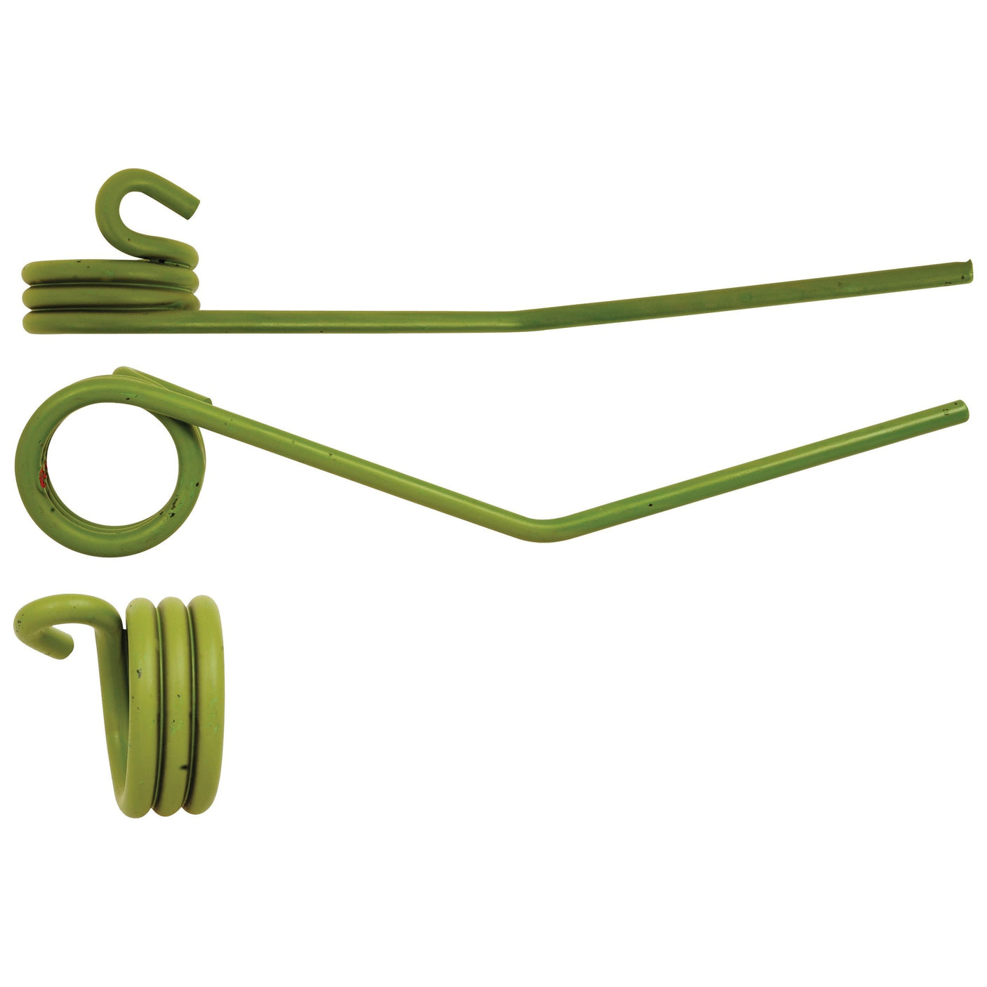 The Sparex Reel Tine (Sparex Part No. S.106279) is a green metal torsion spring with two differently shaped arms and a coil at one end, designed as a reliable replacement part for Claas models such as the COMMANDOR and DOMINATOR 118.