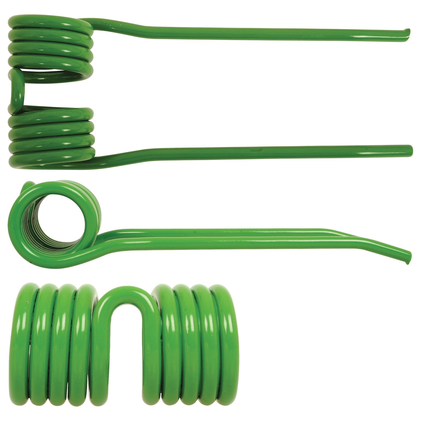 Three green metal torsion springs with tight coils and straight ends lay on a white surface, identified as the Haytine-Pick-Up replacements for Claas JAGUAR and Claas QUADRANT machines. These springs measure 190mm in length, 78mm in width, and 6.5mm in diameter, fitting part number 9862900. They are branded as Sparex products with the Sparex Part No.S.106280.