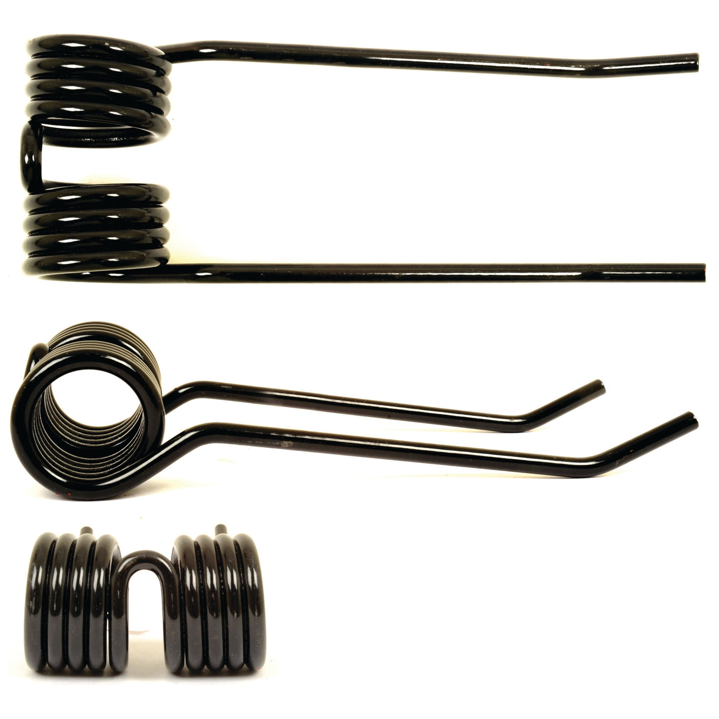 Three coiled metal springs of varying shapes and orientations are displayed against a white background, reminiscent of the precision engineering seen in Sparex Pick-Up Tine 190mm x 66mm x Ø5.5mm - Replacement for Claas machinery (Sparex Part No. S.106281, fits Claas part number 9182390).