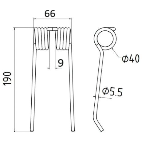 Technical diagram of a Pick-Up Tine with dimensions labeled. The width is 66 mm, height is 190 mm, and diameter of the coil is 40 mm, with additional measurements of 9 mm and Ø5.5 mm. This Sparex design (Sparex Part No.S.106281) ensures precision and reliability in applications similar to the Claas JAGUAR series (to fit as: 9182390).