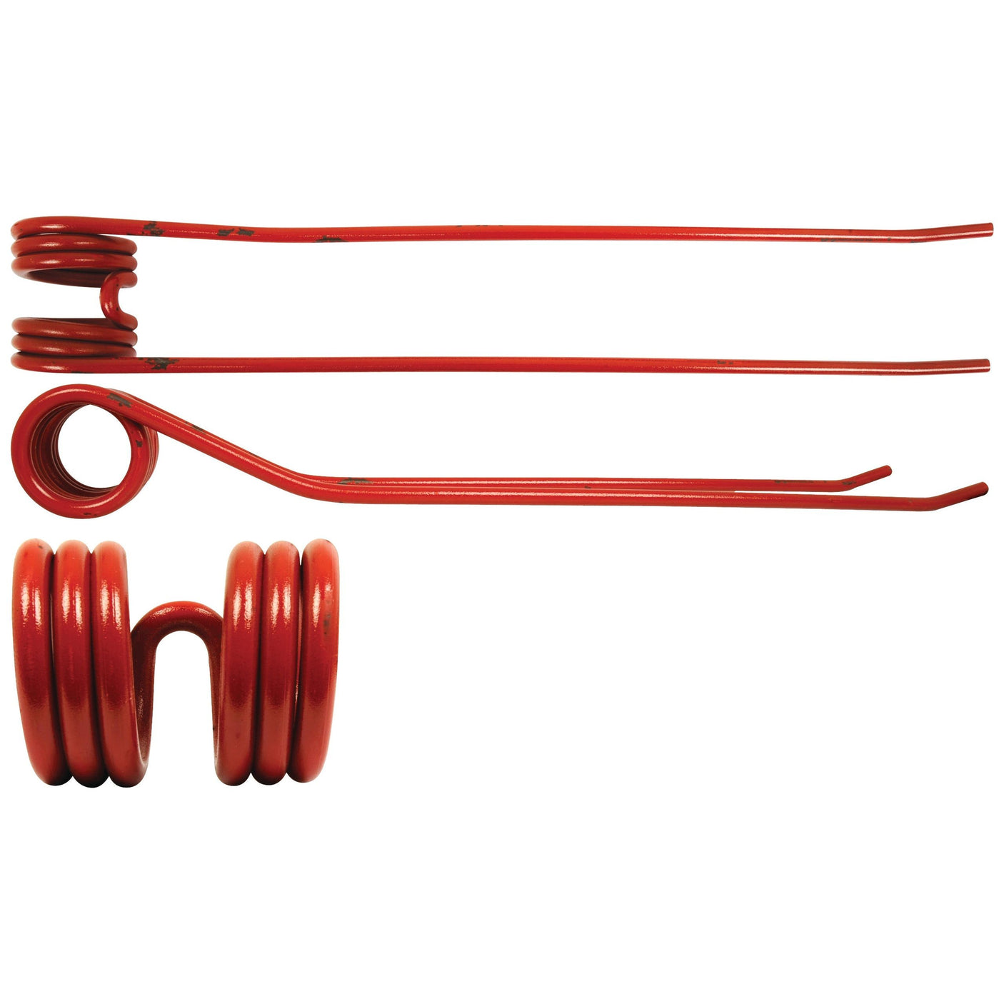 Three Swather/Tedder Tine springs of various shapes and sizes, resembling those used in Claas LINER machinery, are aligned horizontally. These red metal tension springs, coiled with extended straight sections, measure 595mm in length, 90mm in width, and have a diameter of Ø9.5mm. They are compatible with part number 9557100 and can be replaced using Sparex Part No.S.106282 from the Sparex brand.