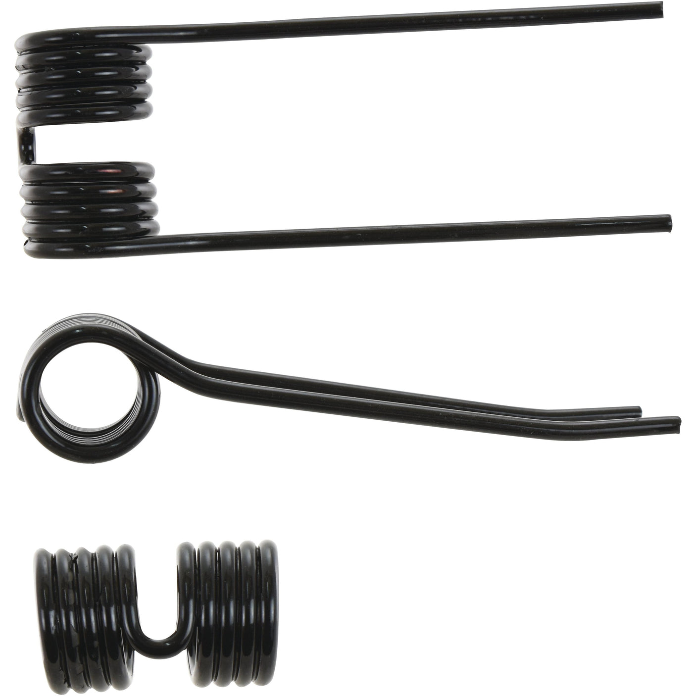 Three black metal Pick-Up Tines of varying shapes. The top one, a Sparex replacement part for Bautz and Claas machinery (9182380, S.106283), has dual coils and extended straight ends. The middle one features a single coil with bent ends, while the bottom piece showcases an open coil design reminiscent of the precision often seen in Claas JAGUAR machinery. Each tine measures 192mm in length, 68mm in width, with a diameter of 5.5mm.