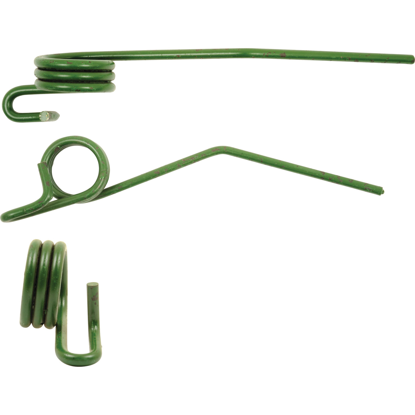 Three green coiled metal springs of varying shapes and sizes are displayed against a white background, perfect as replacement parts for Claas JAGUAR machinery. These are Reel Tines that fit as 6269870 with Sparex Part No. S.106284 from the brand Sparex.