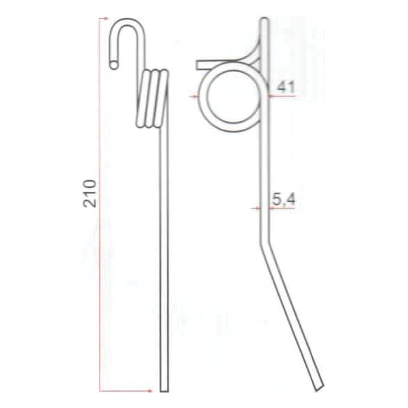 Technical drawing showing the side and front views of a Reel Tine with specified measurements: 210 length, 41 width, and 5.4 thickness. Ideal as a replacement part for Claas machinery. Product Name: Reel Tine To fit as: 6269870 | Sparex Part No.S.106284 by Sparex.