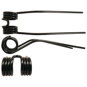 Three black metal torsion springs of varying shapes, identified as Tedder haytine and made by Sparex, are displayed on a white background.