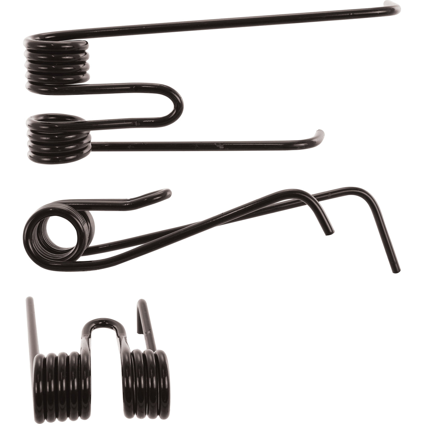 Three black metal Tedder haytines of different shapes and sizes are displayed against a white background, courtesy of Sparex.