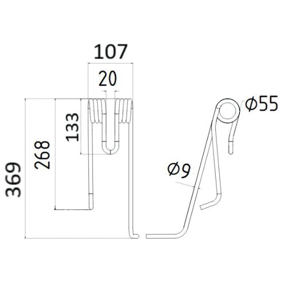 Engineering drawing of the Tedder haytine (RH) component with various dimensions labeled, including a height of 369 mm, a length of 107 mm, and a diameter of Ø9 mm. Produced by Sparex as a replacement for Lely models, reference number 4104311750 (Sparex Part No.S.106313).