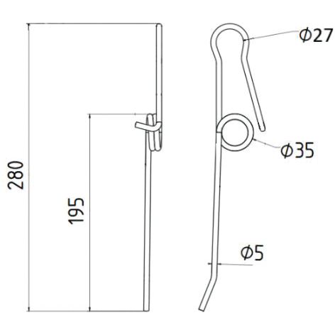 A technical drawing of a wheel rake tine, displaying two labeled views with dimensions: a length of 195 mm and various diameters including 5 mm. This part is suitable as a replacement for Massey Ferguson equipment and has the product name "Wheel Rake Tine Length:195mm, Width Ø5mm - Replacement for Massey Ferguson." It fits as part number 914978M1 and is produced by Sparex, carrying the Sparex Part No.S.106317.