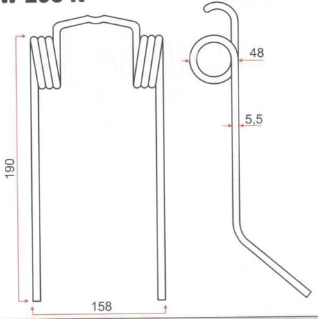 Technical drawing of a wire component with dimensions: 190 mm tall, 158 mm wide, and a part of the wire bent at 5.5 mm, inspired by New Holland design specifications. See Sparex Pick-Up Tine Replacement (S.106327) suitable for New Holland models such as the 89819750.