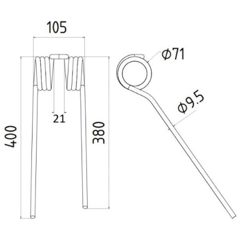 Diagram of a Tedder haytine - RH component with specific dimensions: height 400mm, width 105mm, extension 380mm, coil diameter 71mm, wire diameter 9.5mm, and a spacing of 21mm in the coil area. This part matches the Primary OE Reference 436149 (Sparex Part No.S.106329).