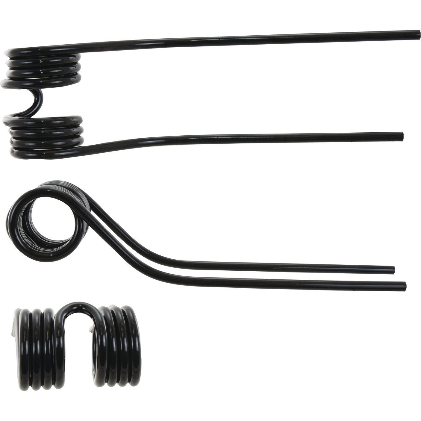 Three black metal torsion springs of different shapes and sizes, including a Tedder haytine by Sparex with dimensions of 392mm in length, 108mm in width, and an outer diameter of 9.5mm, are arranged vertically against a white background.