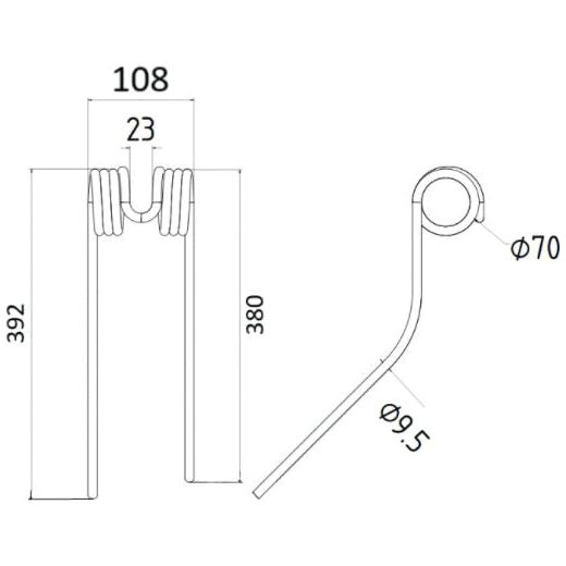 The technical drawing illustrates a Tedder haytine - RH compliant with Stoll 555 HYDRO specifications, featuring detailed dimensions: the front view indicates a height of 392 mm, width of 108 mm, and coil diameter of 23 mm. The side view displays an outer radius of Ø70mm and a diameter of Ø9.5mm. This component is identified as Sparex Part No. S.106334, designed to replace Stoll part number 0673743.