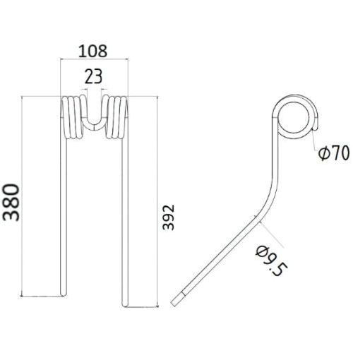 Technical drawing of a Tedder haytine from Sparex with dimensions: 380mm height, 108mm width, 23mm coil diameter, 392mm length, signature Grange & Walter's 70mm end loop diameter, and Ø9.5mm wire diameter. Replacement for Stoll To fit as: 0673744 | Sparex Part No.S.106335.