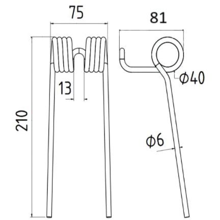 Technical diagram of a double-looped metal component by Sparex, with dimensions: 210mm height, 75mm width, and a rod diameter of Ø9mm—Replacement for Taarup to fit as 6315300094 (Sparex Part No. S.106341).