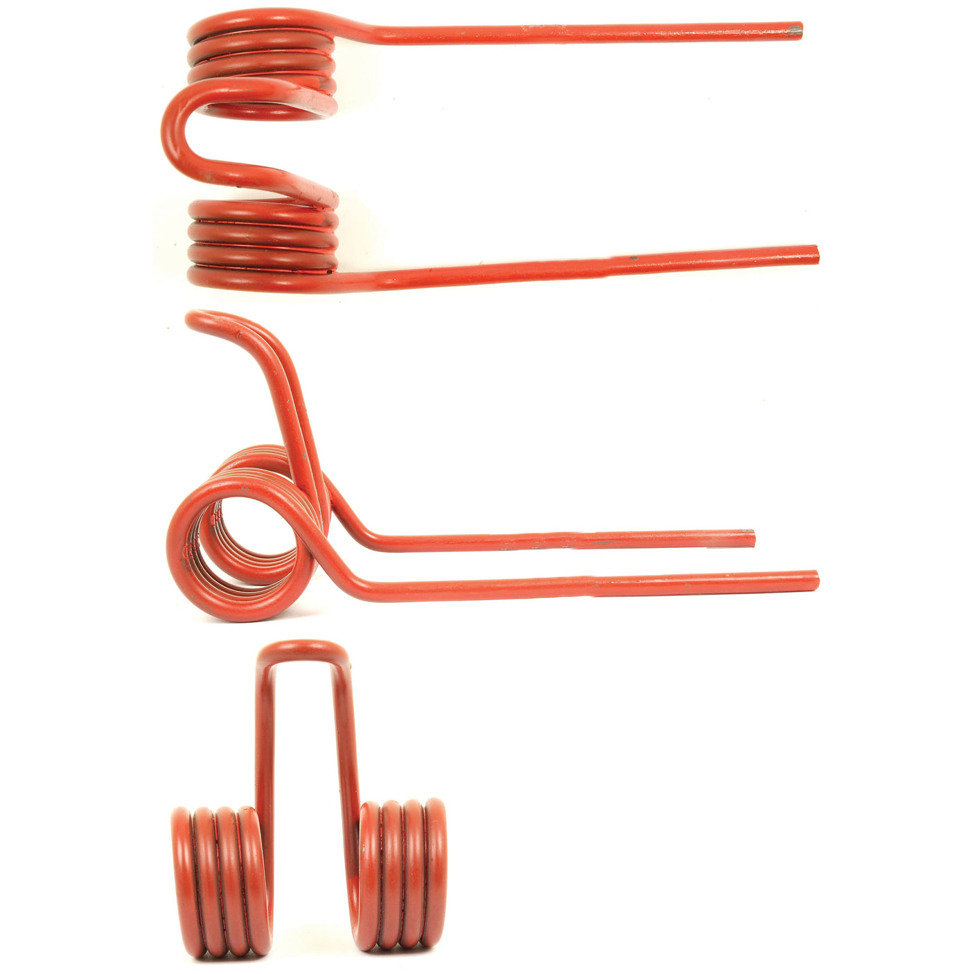 Three red torsion springs with different shapes and coil configurations, including the Sparex Pick-Up Tine replacement for Taarup models (Part No. S.106342) measuring 149mm in length, 72mm in width, and Ø5mm, are meticulously arranged against a pristine white background.