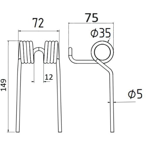 Technical drawing showing the front and side views of a Sparex Pick-Up Tine, replacement for Taarup 451450, with specific measurements labeled in millimeters: length 149, width 72, Outer Ø 35mm (coil width), and wire diameter 5. Model: Sparex Part No. S.106342.