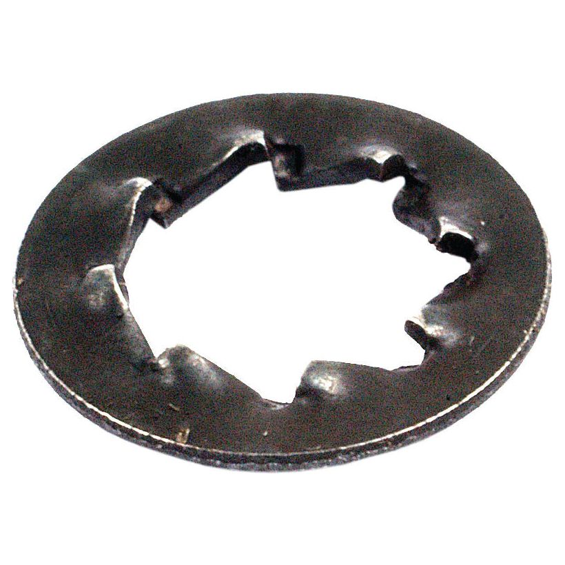 A black metal push nut with a star-shaped internal design, designated as Sparex S.1063 washer-shakeproof-2BA, used for securing components on an axle or shaft.