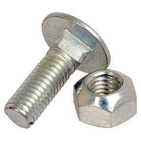 On a white background, there is a Sparex Cup Head Bolt and Nut measuring 10mm by 35mm with a Grade 8.8 flat head and threaded body. The accompanying nut has a hexagonal shape. This product is available as part number S.106418 in a bag of 10 pieces.
