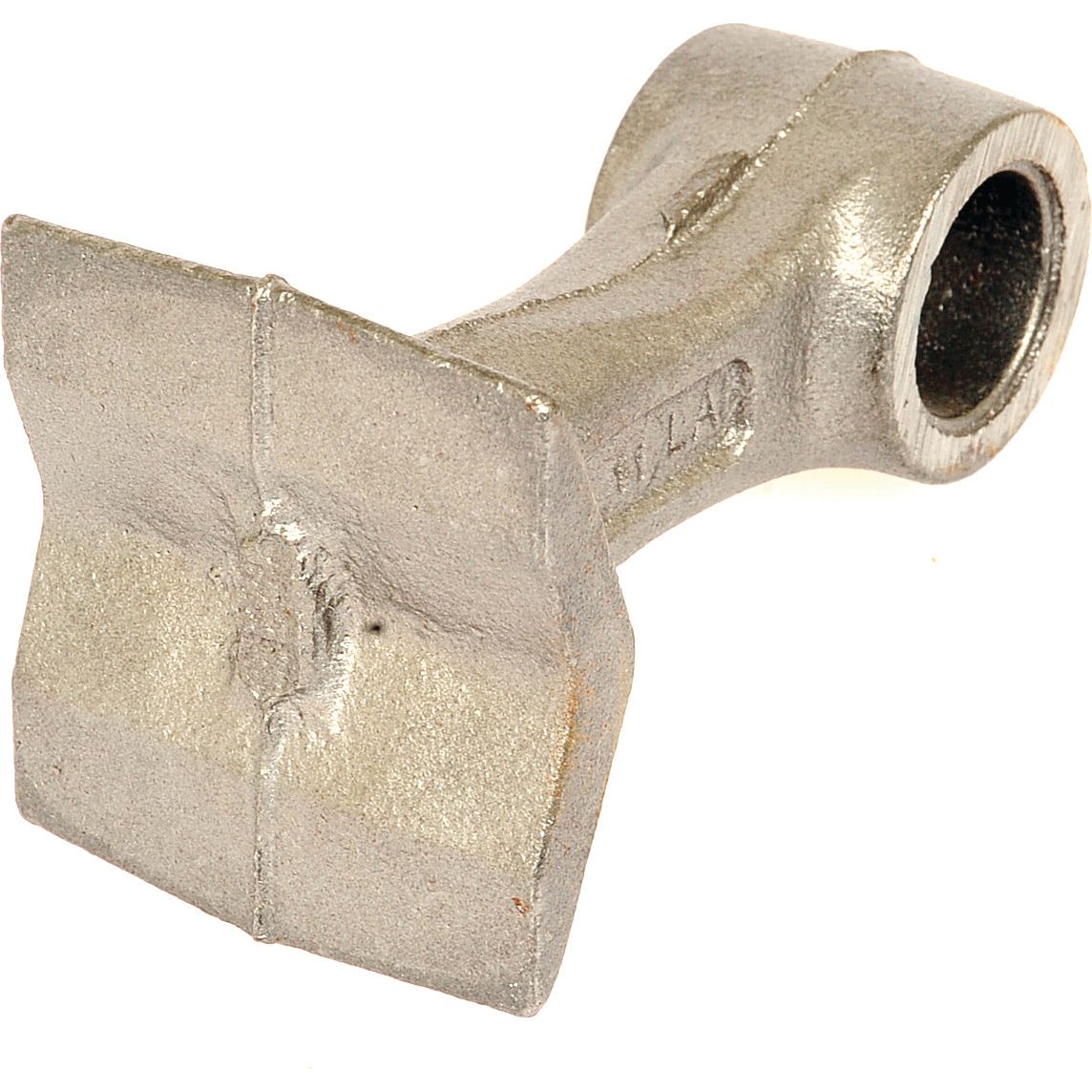 A Sparex Hammer Flail (S.106505) designed as a replacement for Bomford, featuring a cylindrical section with a 25.5mm hole on one end and a square, flattened hammer-type section on the other, with top and bottom widths of 38mm and 60mm respectively and a radius of 102mm.