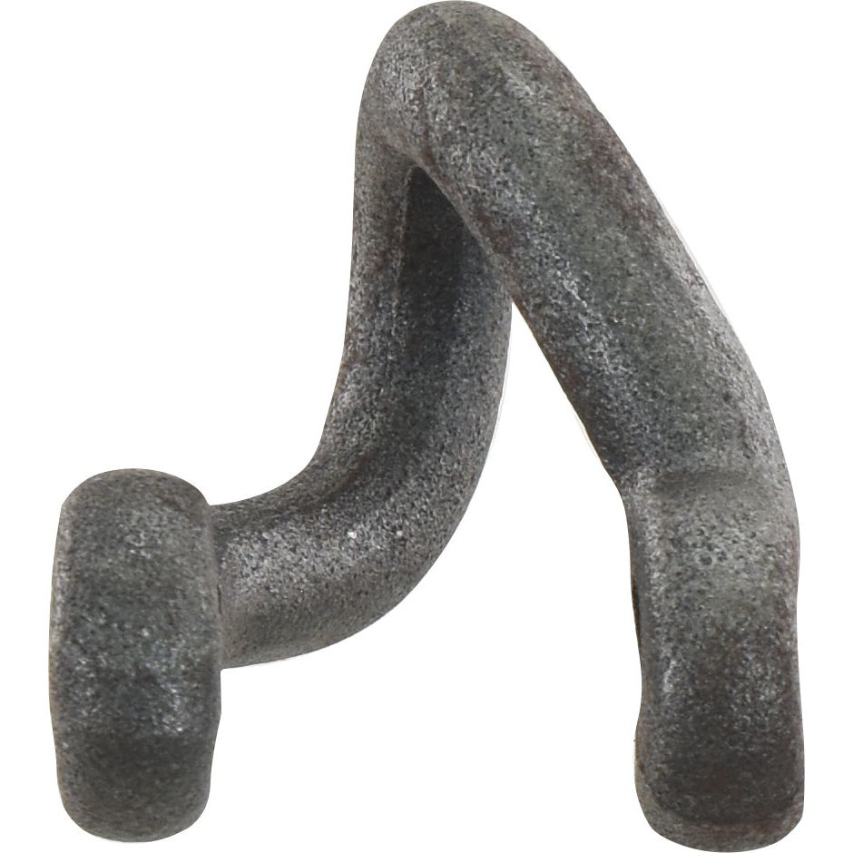 A gray, metal, hook-shaped object with a rough texture and 49mm width, featuring two curved ends. Perfect for various applications, this Sparex Shackle (Hole Ø 11.5mm, Depth: 11mm, Height: 66mm) serves as a primary replacement for Rousseau models with OE Reference number 555603.