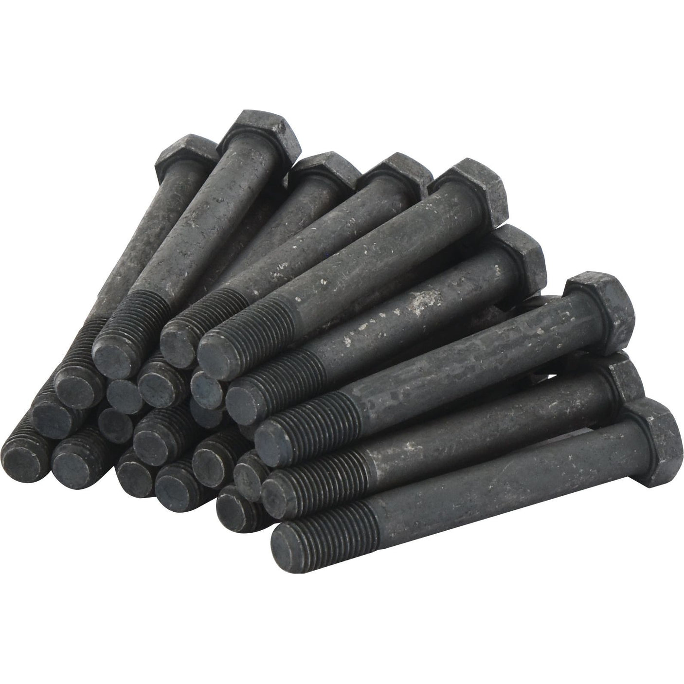 A collection of Sparex Hexagonal Head Bolts (TH) - M11.1 x 84mm with a tensile strength of 10.9 (Sparex Part No.S.106521, fitting as: 595224) is scattered on a white background.