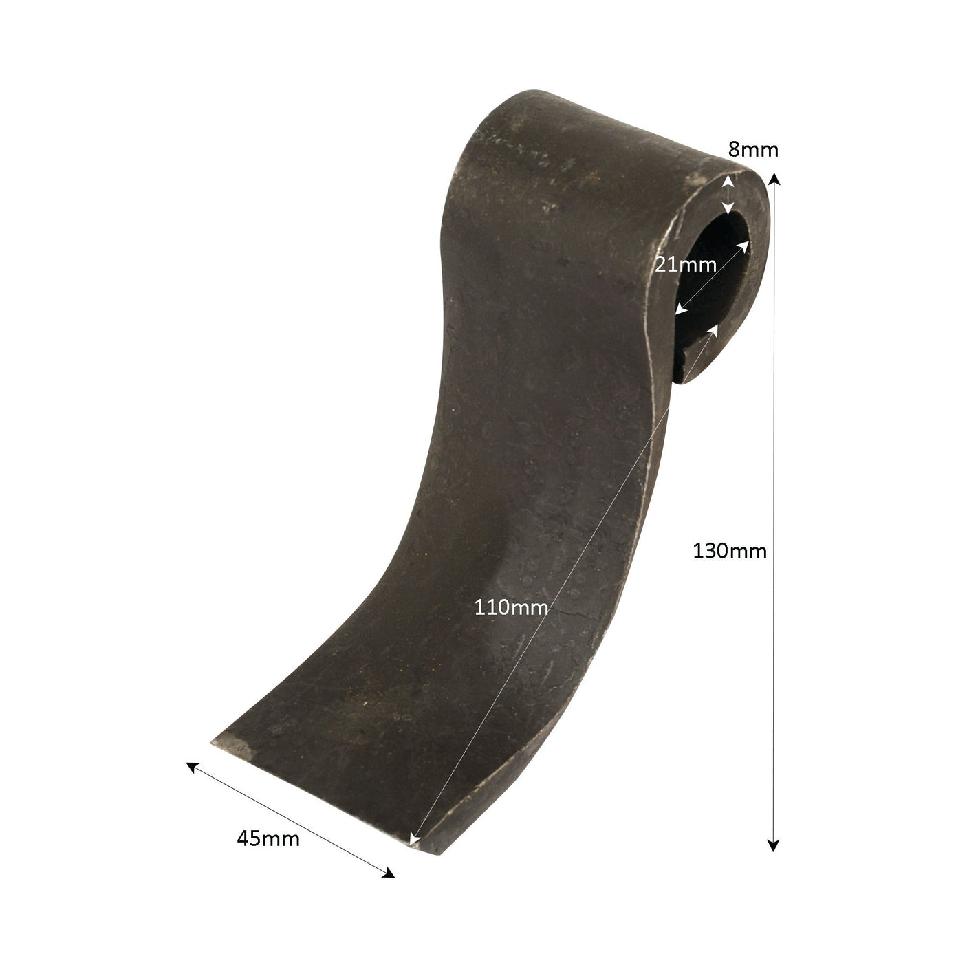 The Blower Flail by Sparex, a replacement part for Spearhead (S.106527), features an 8mm thickness, a 21mm diameter hole at the top, measures 130mm in height, has a base width of 45mm, and spans 110mm along its curve.