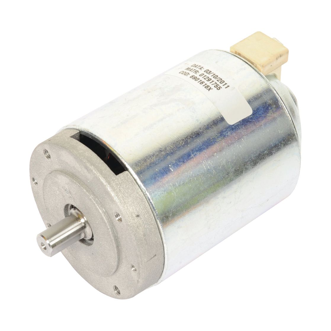 A cylindrical electric motor with a metallic body, a protruding shaft, and a connector at the back, featuring a label with specifications on the side. The Motor for Compressor 12V 65W (Sparex Part No.S.106557) by Sparex is ideal for use in compressors.