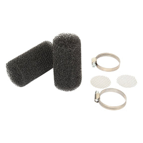 Two cylindrical wire mesh filters, two metal clamps, and two circular wire mesh discs displayed against a white background, resembling components from the Sponge Kit for Foam Tip (Sparex Part No. S.106560) by Sparex.