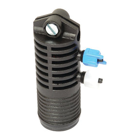 The Sparex Foam Tip Diffuser Manifold, Part No. S.106562, is a black cylindrical mechanical component with radial fins, featuring a metal bolt on top and two side connectors—one blue and one white—that are designed to integrate seamlessly with a manifold system.