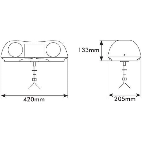 Technical drawing of a Sparex Halogen Aerolite Bar - Halogen - 1 Bolt (S.10656), showing front and side views. The front view includes dimensions of 420mm width and 133mm height. The side view shows a depth of 205mm and the same height of 133mm, designed to meet IP65 standards.