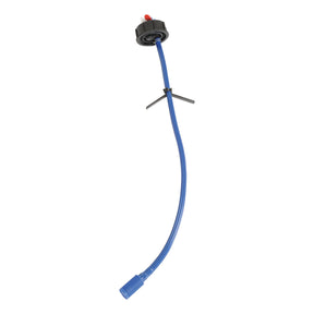 A blue liquid transfer pump featuring a curved hose, a black cap, a red button on top, and two black stabilizing legs from the reputable Sparex Foam Tank Cap complete product range (Sparex Part No. S.106571).