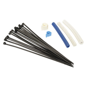 A selection from the Sparex Hose Accessory Kit (Sparex Part No. S.106576), including black cable ties, white and blue wire connectors, and white and blue cable sleeves, is arranged on a white background.