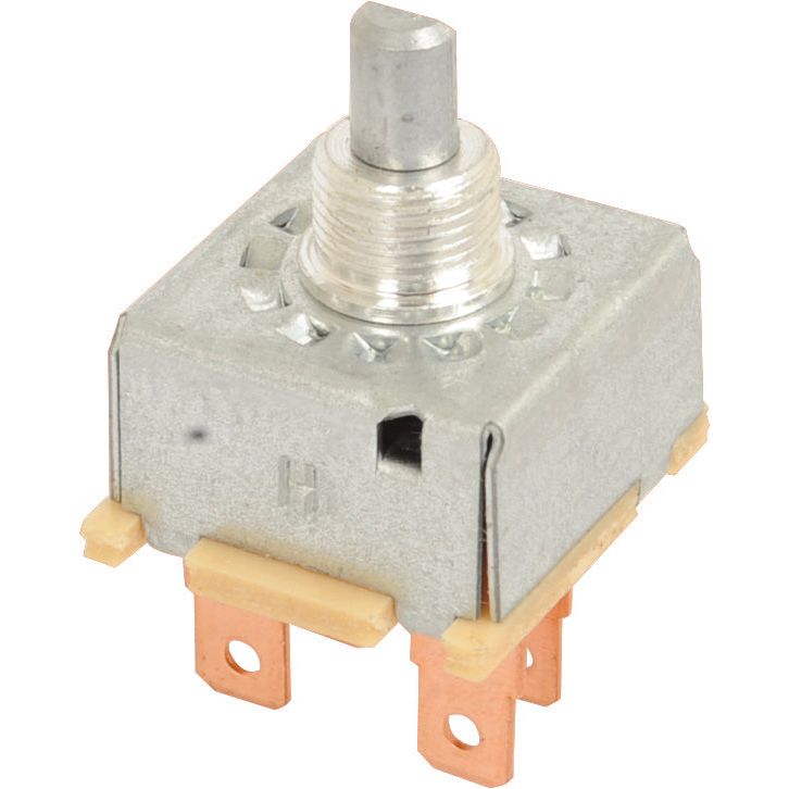 The Blower Switch, Sparex Part No.S.106605 by Sparex, is a metallic rotary switch featuring a cylindrical knob on top with 3-speed settings and three copper prongs at the base.