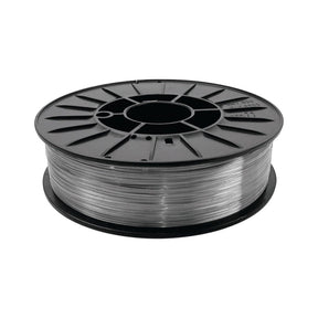 A black spool of transparent 3D printing filament, comparable in weight to a Sparex Welding Wire - 1.0mm x 15kg roll (Sparex Part No.S.10662), is shown against a white background.