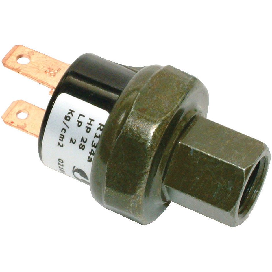 The Sparex Pressure Switch (Part No. S.106637) is a metallic device featuring two electrical terminals and a threaded fitting. The label specifies "R134A HP 28 LP 2 Kg/cm2," demonstrating its suitability for both high-pressure and low-pressure systems.