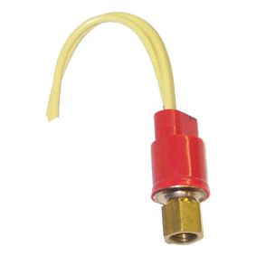 The High Pressure Switch by Sparex (Part No. S.106649) features a red and brass design with an attached yellow wire, and has a Standard R12 thread that is compatible with Case IH / International Harvester models.