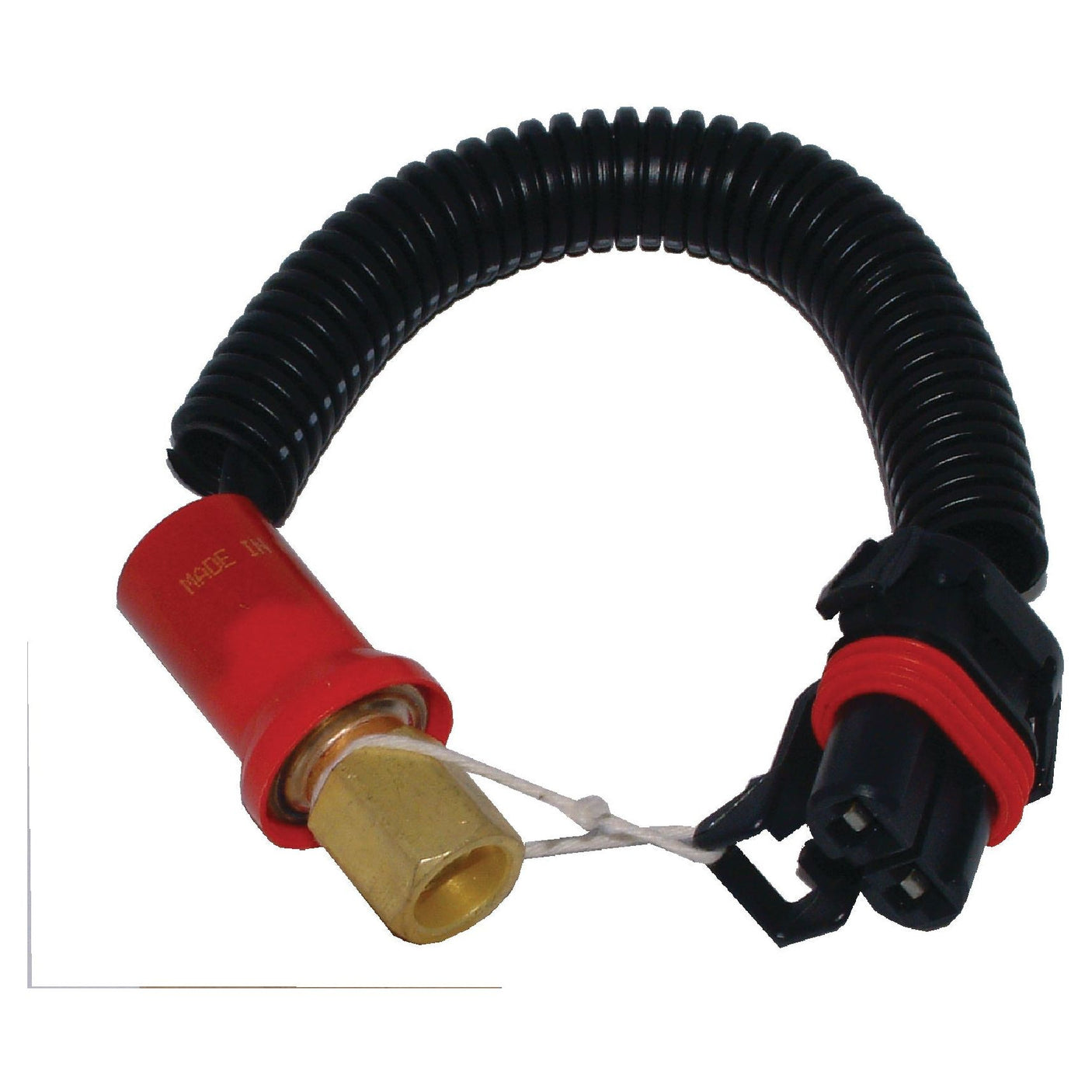 The product is a high-pressure switch coiled wire by Sparex, featuring a black coiled wire with a red connector on one end and a brass fitting on the other, labeled as the High Pressure Switch (Sparex Part No. S.106651) and comes attached to a plastic clip.