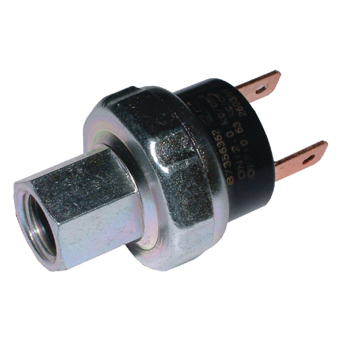 A close-up image of a Sparex Low Pressure Switch (Part No. S.106652) featuring a metal hexagonal base and two electrical terminals.