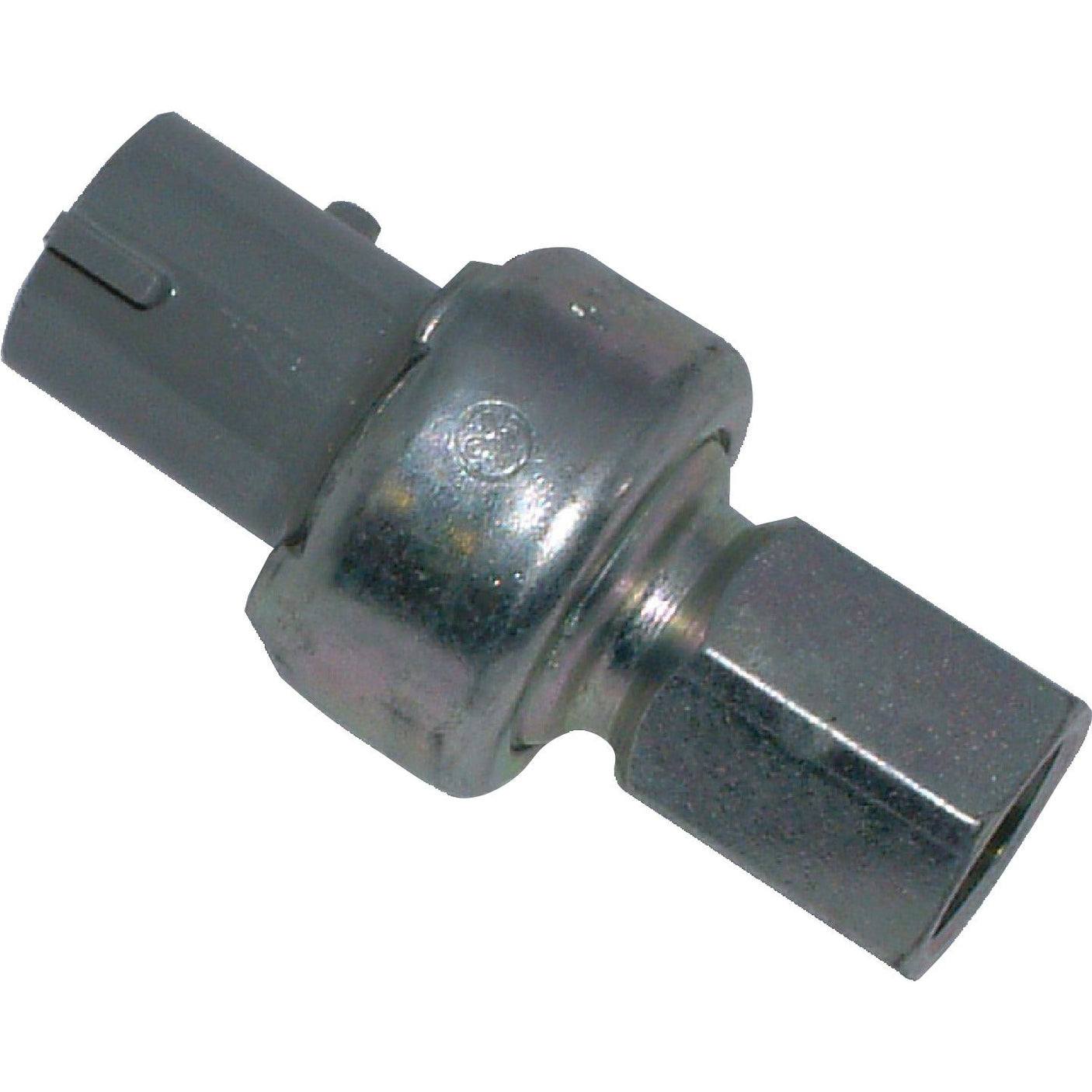 Close-up of a metallic Low Pressure Switch with a grey plastic connector on one end, compatible with Sparex parts and designed with a metric thread. This switch is identified as Sparex Part No.S.106654.