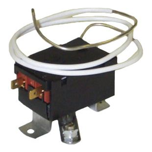 A Sparex thermostatic switch (Sparex Part No.S.106659) with black casing, white wires, and metal connectors is shown against a plain background.