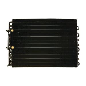 The Sparex Condenser - S.106665 is a black automotive radiator condenser with horizontal fins and a compact rectangular design, featuring core dimensions that ensure optimal performance.