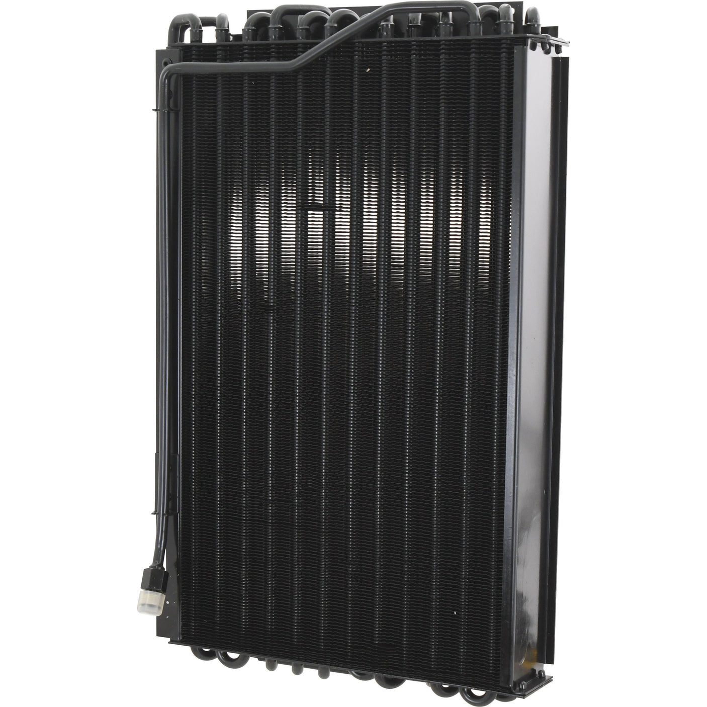 The Sparex Condenser - S.106670 features a black finned design with multiple metal tubes and an attached electrical connector, making it ideal for heat exchange in HVAC systems found in International Harvester and Case IH equipment.