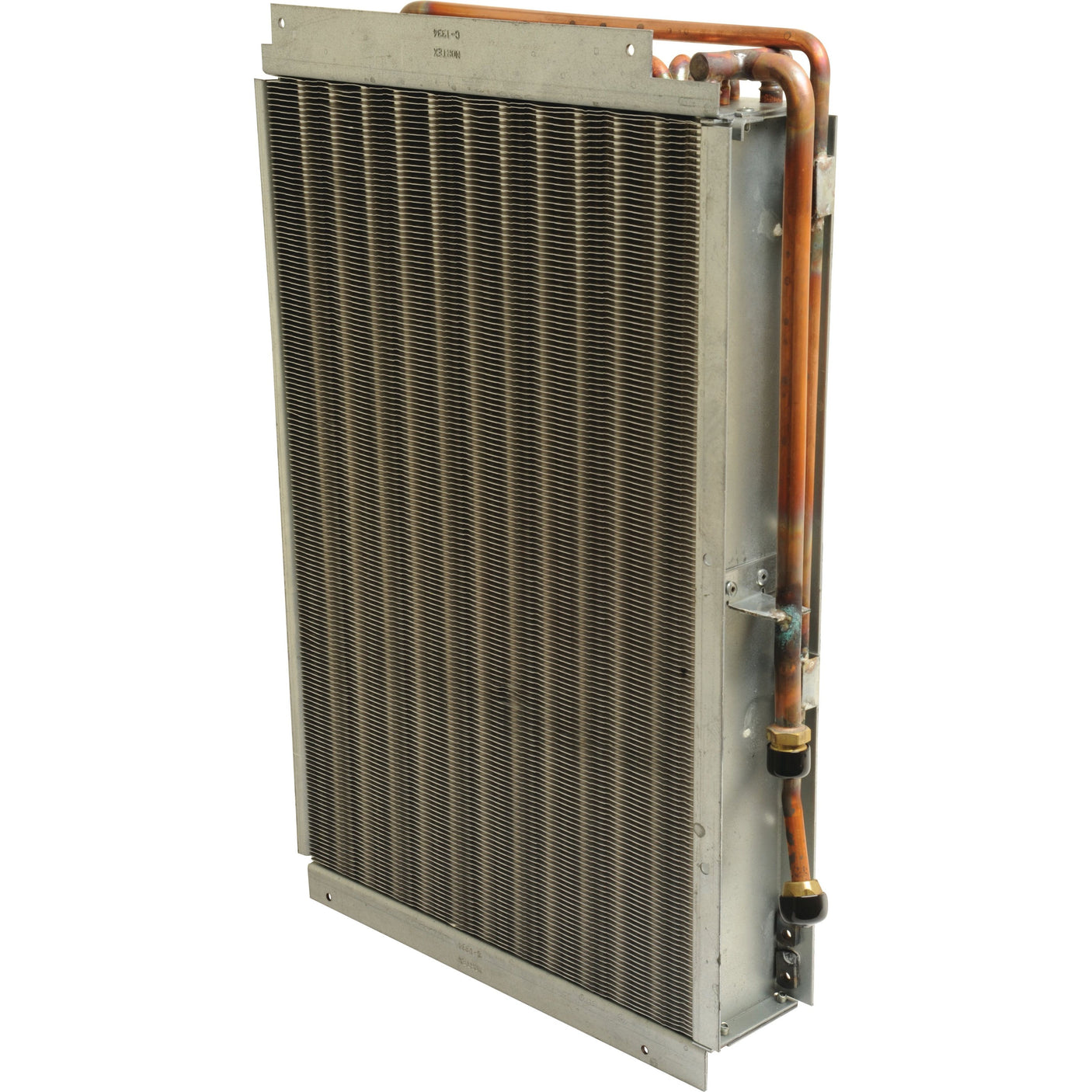 Introducing the Condenser - S.106671 by Sparex: a vertical metal heat exchanger with copper pipes and fins, ideal for heating or cooling in HVAC systems. This product is perfect for integration into equipment such as Ford New Holland tractors or Case IH machinery.