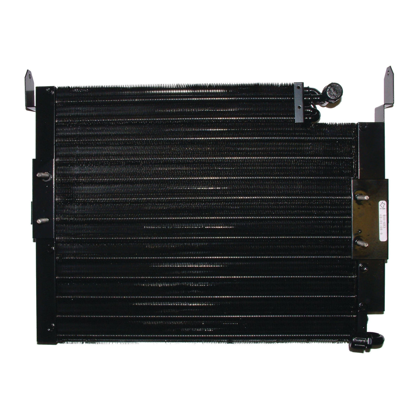 Introducing the Sparex Condenser - S.106675, a high-quality black automotive radiator featuring multiple fins and connecting pipes. This front-view assembly is ideal for Ford / New Holland models, showcasing the entire unit.