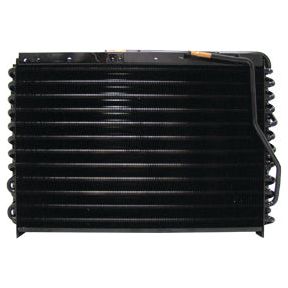 A black automotive condenser with horizontal fins and an attached refrigerant line, suitable for Ford/New Holland models, branded as Sparex Condenser - S.106677.