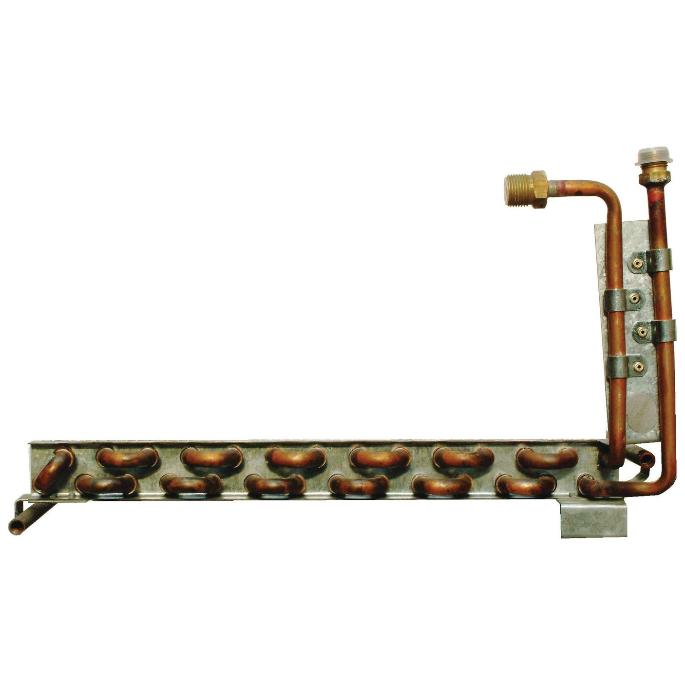 Introducing the Condenser - S.106678 by Sparex: a sophisticated metallic pipe system featuring interconnected copper tubes with male O-ring fittings and various components, all mounted on a durable base.