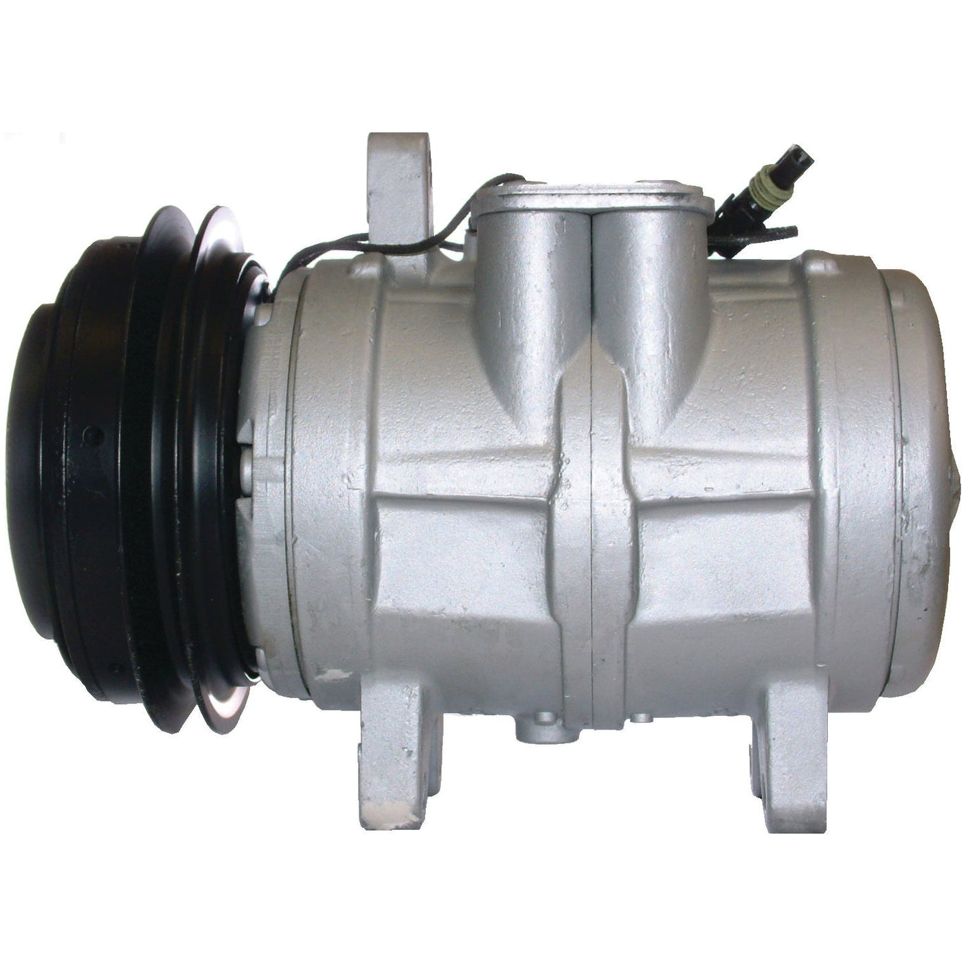 Introducing the Compressor (Denso Style 6E171) - S.106700 by Sparex: a high-quality silver and black air conditioning compressor featuring a pulley, mounted electrical connector, and specified clutch Ø.