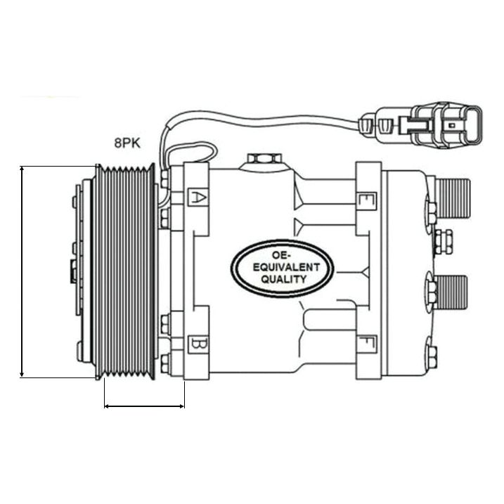 Diagram of the Sparex Compressor (Denso Style 6E171) - S.106700 with labeled components and connectors, featuring a note on "OE-Equivalent Quality" in the center alongside specifications for oil quantity.