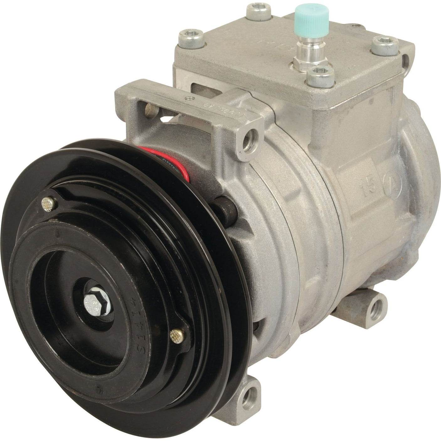 Here is a description of the Sparex Compressor (10PA15C) - S.106702: It is a silver and black automotive air conditioning compressor featuring a cylindrical body, visible bolts, and a 12.7mm belt pulley.