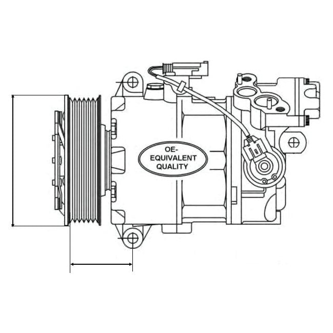 Technical line drawing of an automotive part labeled "OE-EQUIVALENT QUALITY," featuring various components and ports, including a 12V compressor (10PA15C) - S.106702 by Sparex, with dimensions indicated on the left side.